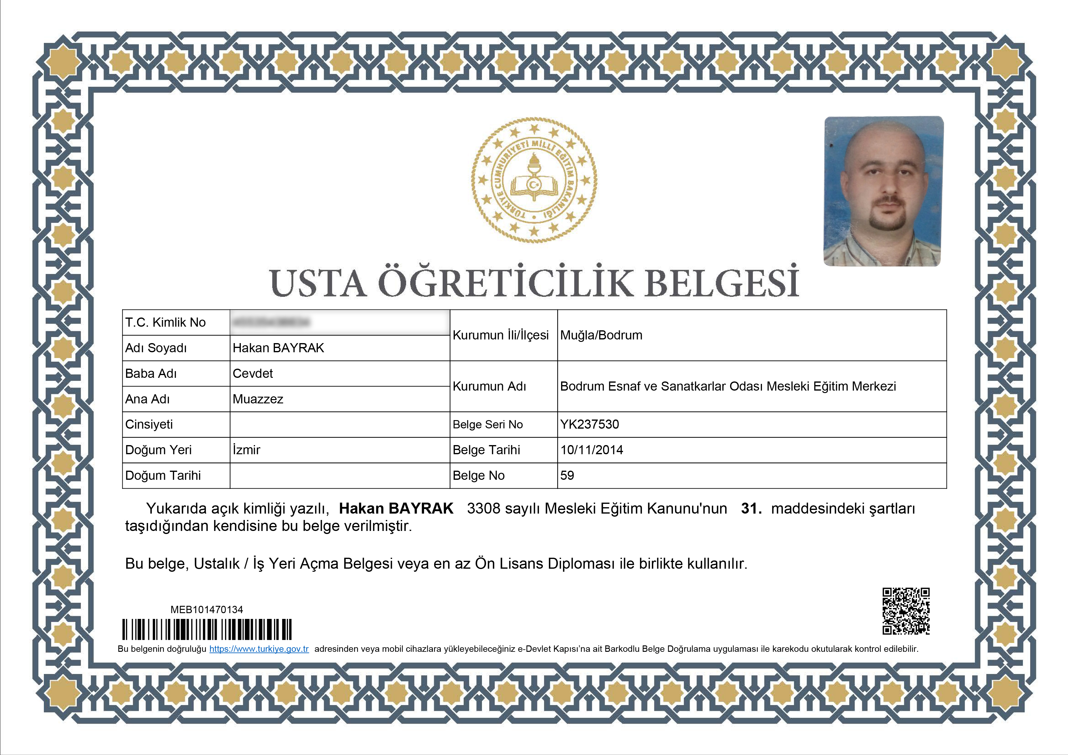 Usta Öğreticilik Belgesi